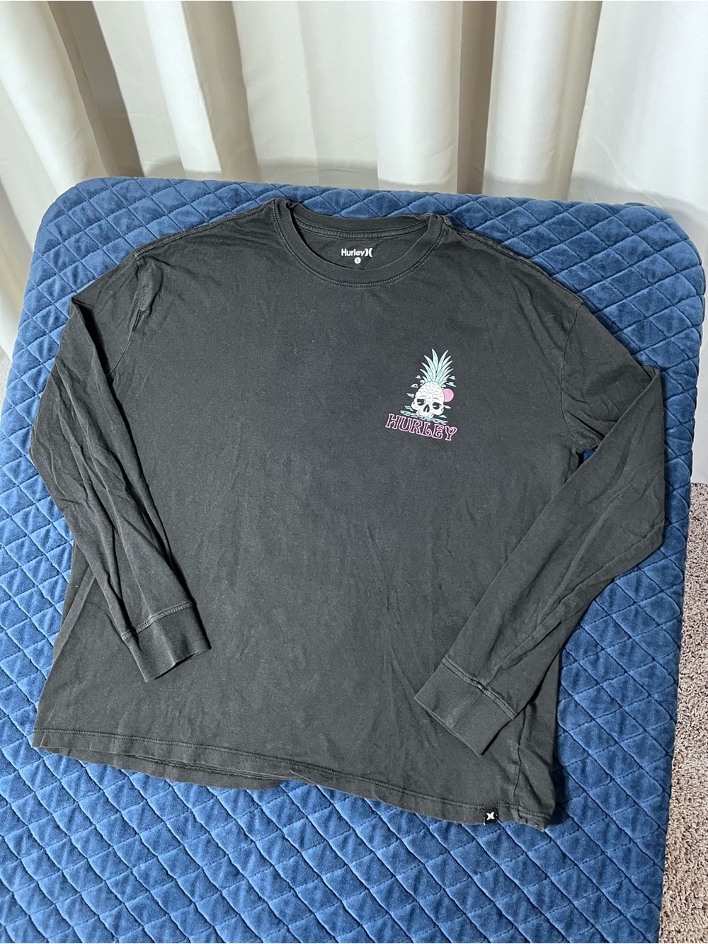 Hurley Black Long Sleeve Tee with Pastel Pineapple Skull Graphic